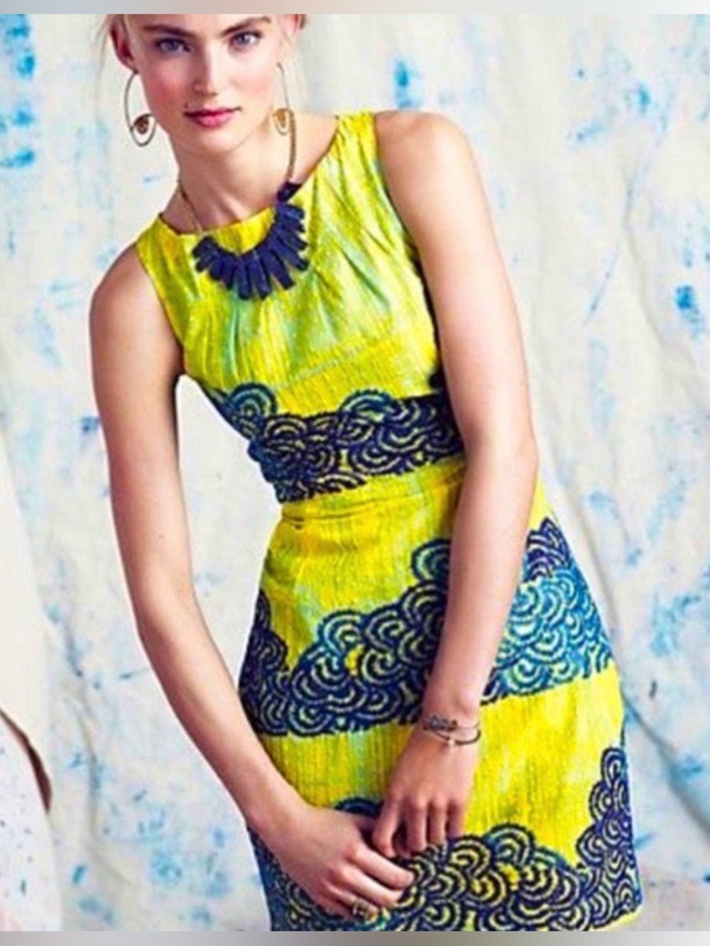 Anthropologie Tabitha Dress Shift Azure Scroll Yellow Blue Swiss Dot Cotton Sz 2